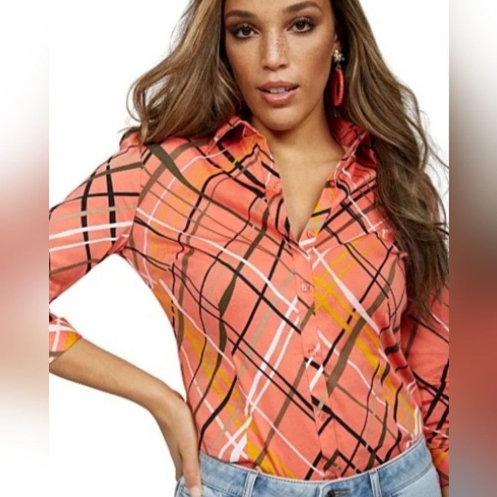 New York & Company Plaid shirt w/3/4 sleeves, size S,  Antique Rose , NWT